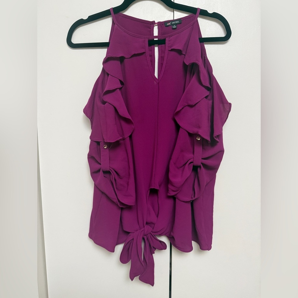 Michel Deep Fuchsia Ruffle Cold-Shoulder Tie-Front Blouse Size M